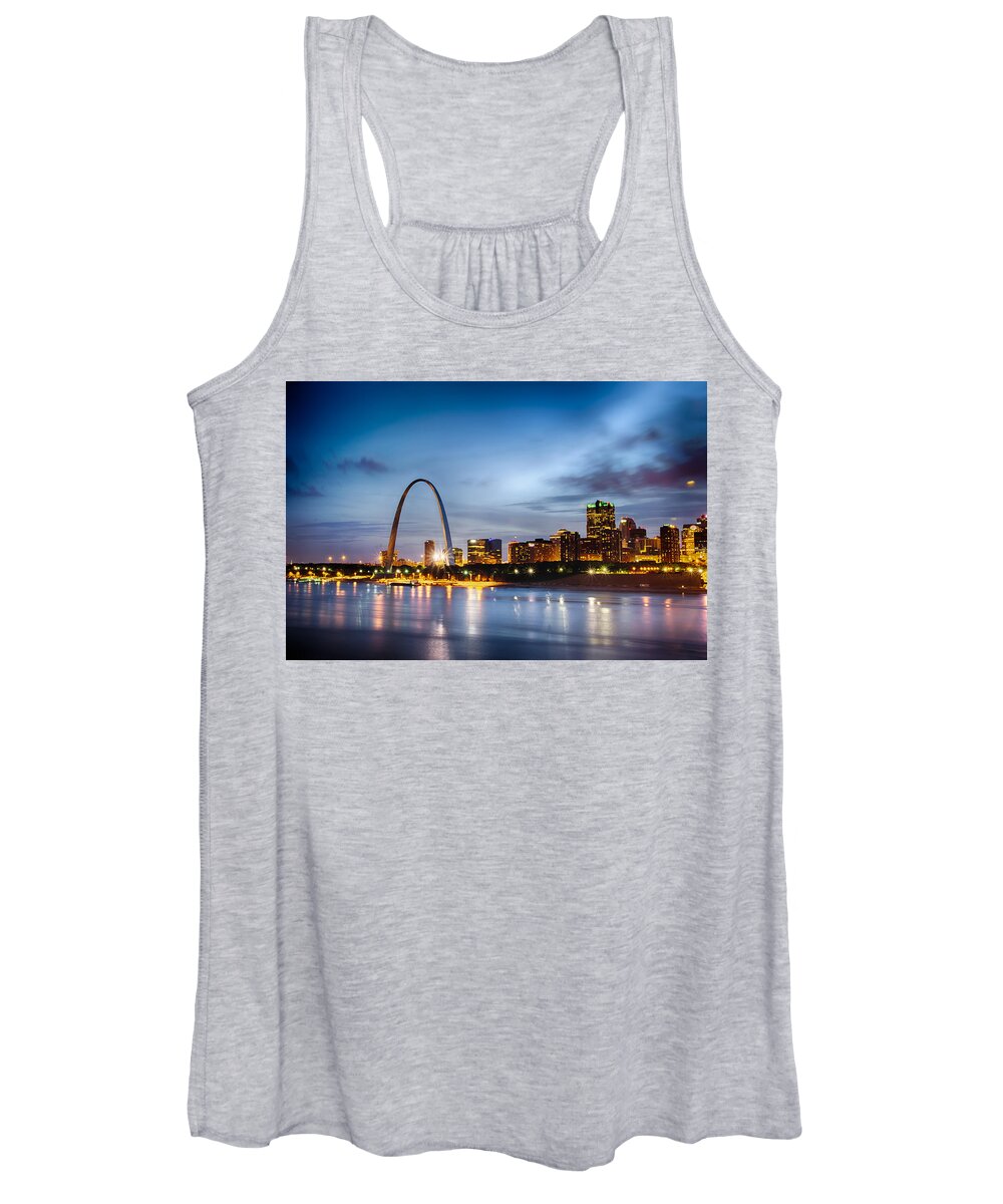 Missouri Women's Tank Top featuring the photograph City of St. Louis skyline. Image of St. Louis downtown with Gate #2 by Alex Grichenko