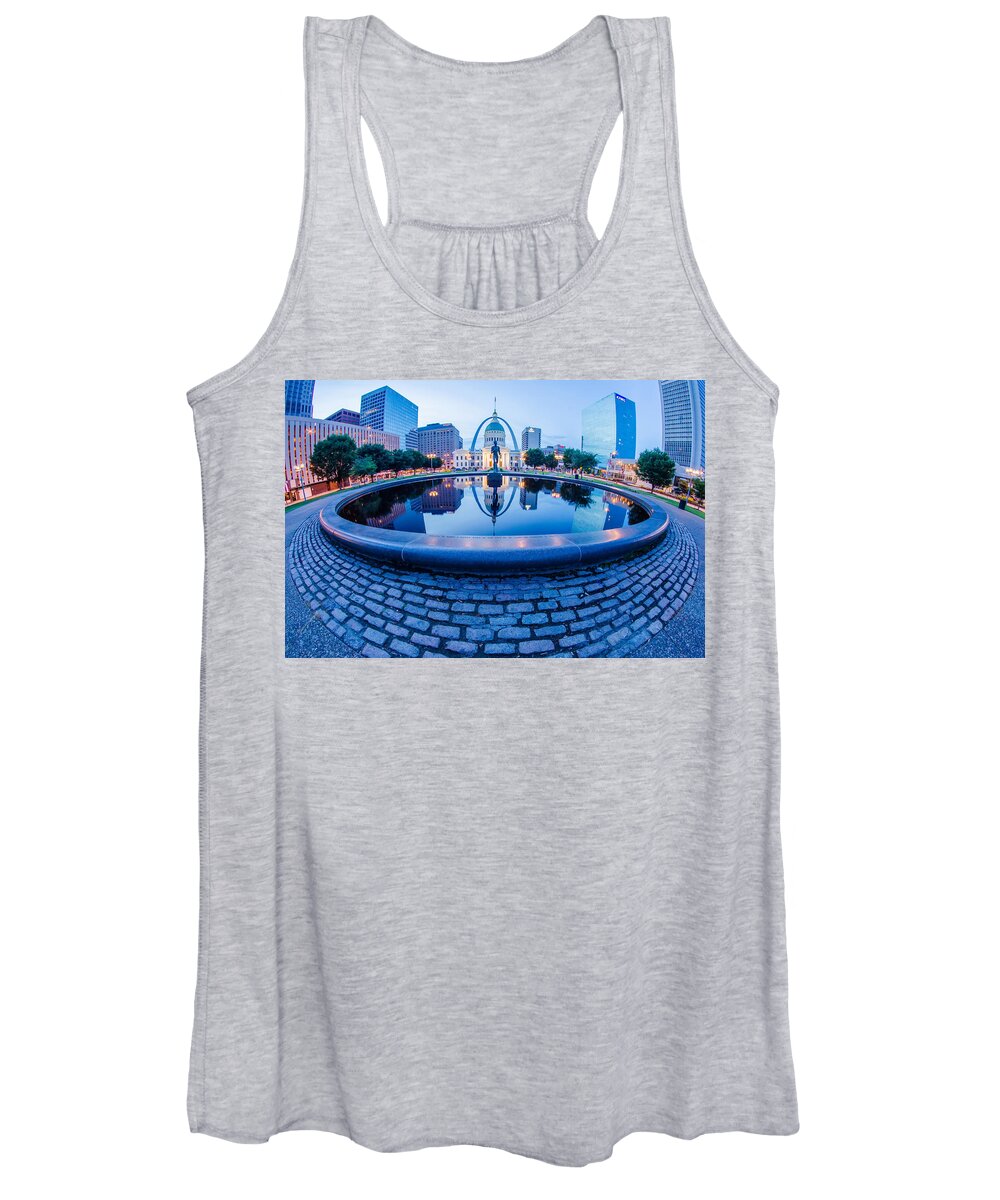 Arch Women's Tank Top featuring the photograph St. Louis downtown skyline buildings at night #6 by Alex Grichenko