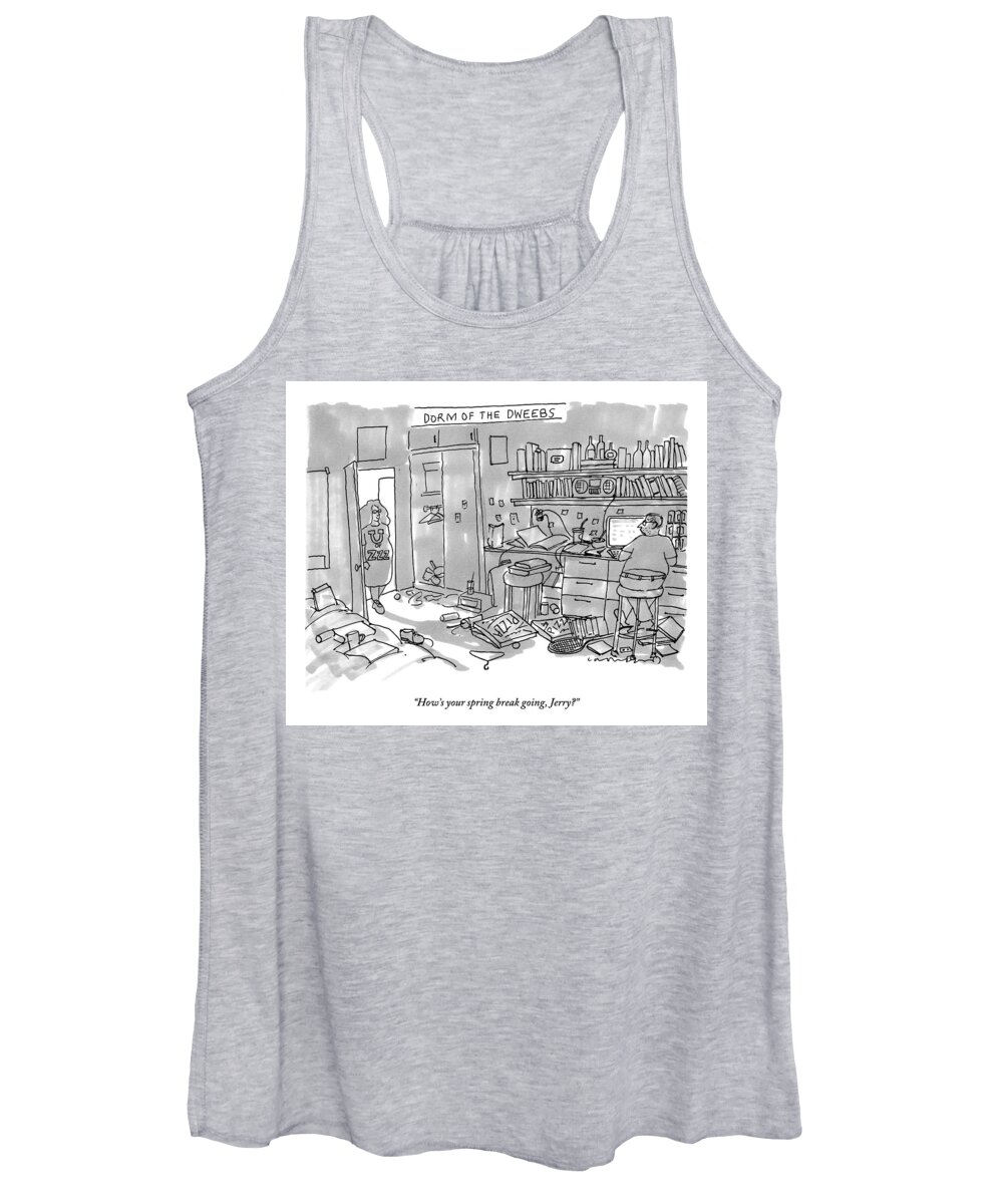 College Students Women's Tank Top featuring the drawing A Woman Is Seen Walking Into A Messy Room Talking by Michael Crawford