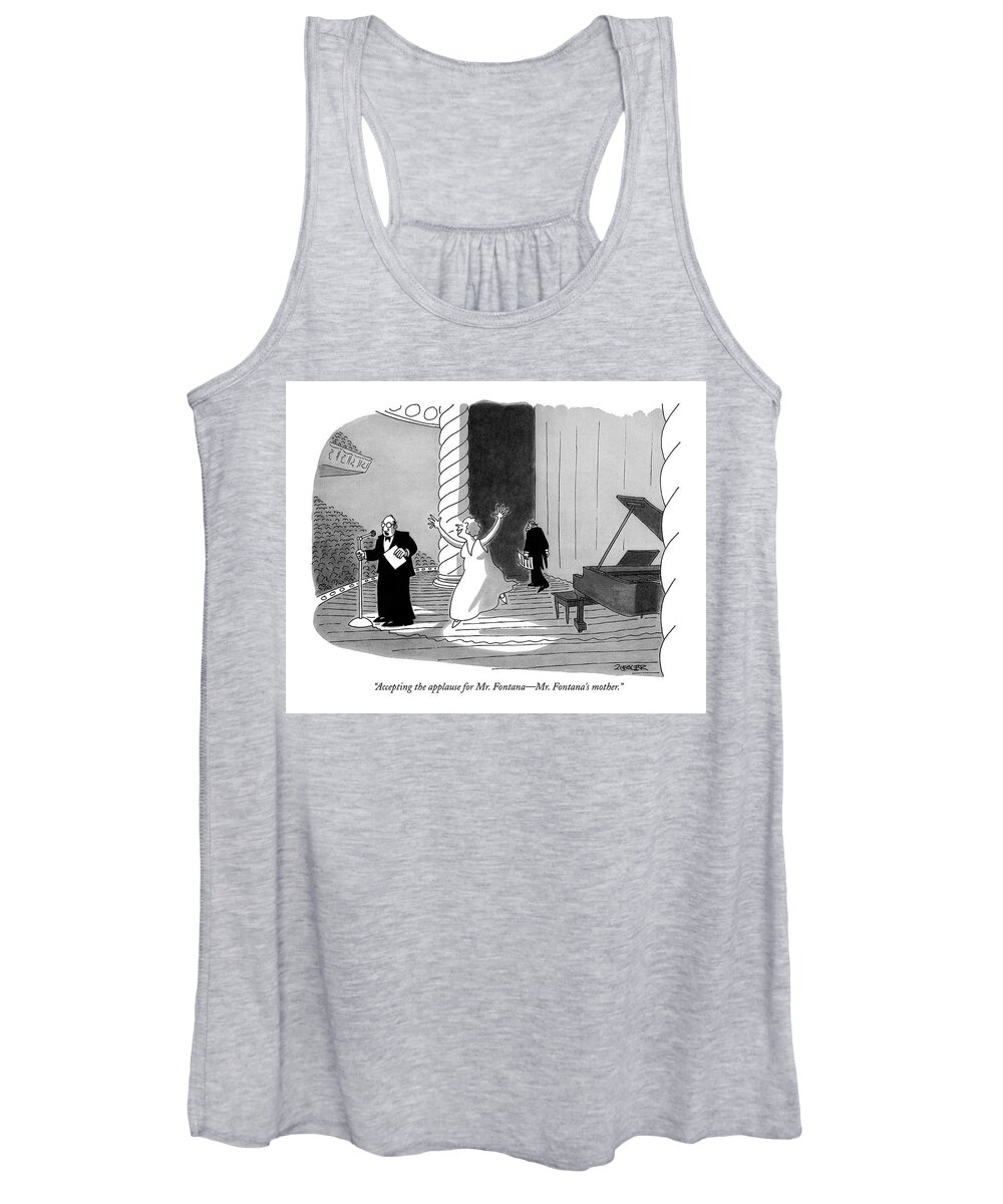 
 (announcer On Stage As Woman Dances Toward Microphone. ) Music Women's Tank Top featuring the drawing Accepting The Applause For Mr. Fontana - Mr by Jack Ziegler