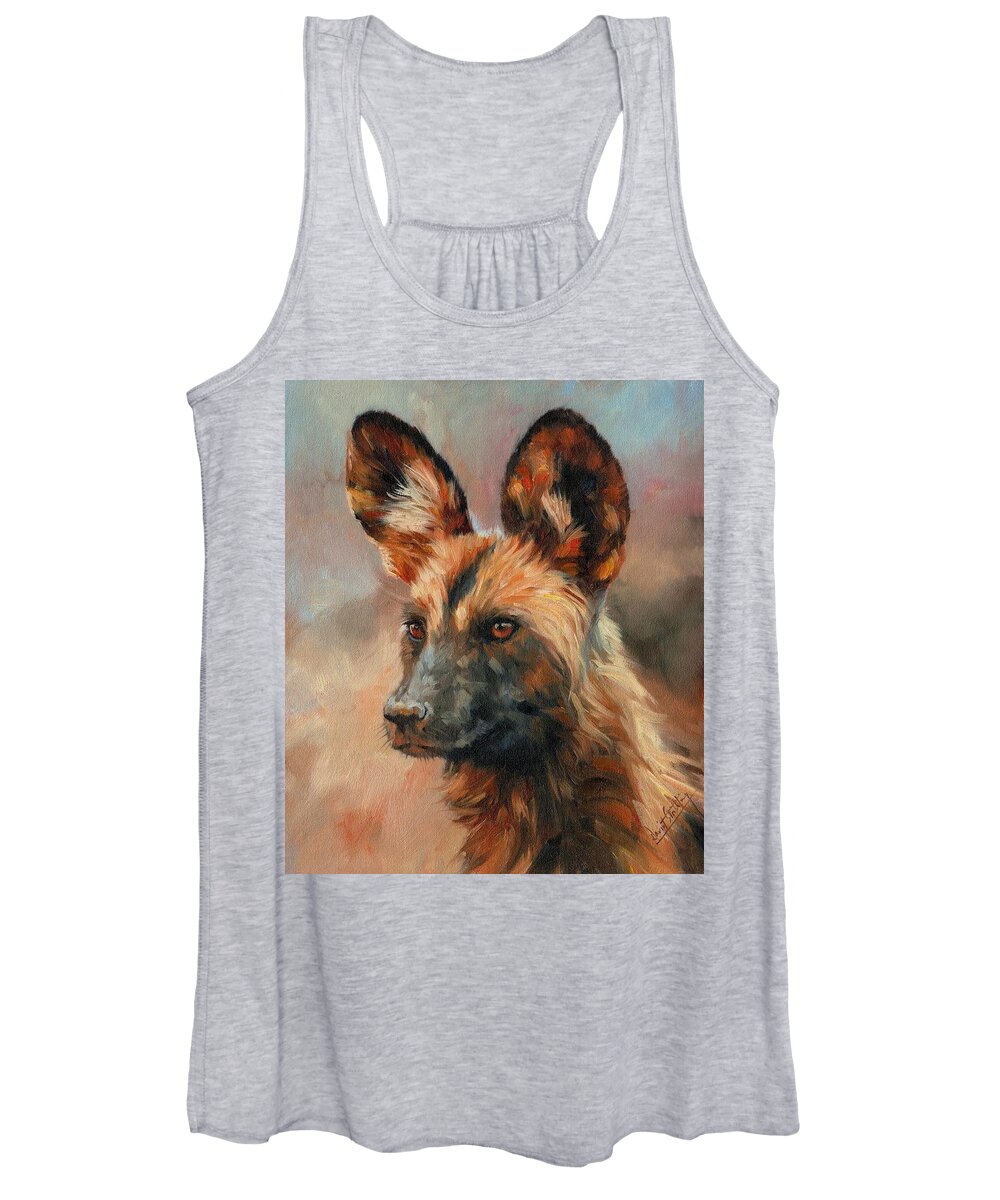 Dog Women's Tank Top featuring the painting African Wild Dog by David Stribbling