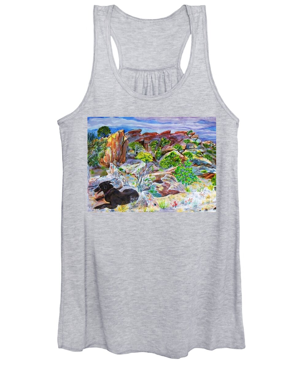 Desert Colors Brightly Enhanced From Original Women's Tank Top featuring the painting Ancient Camp Ground and Labrador by Annie Gibbons