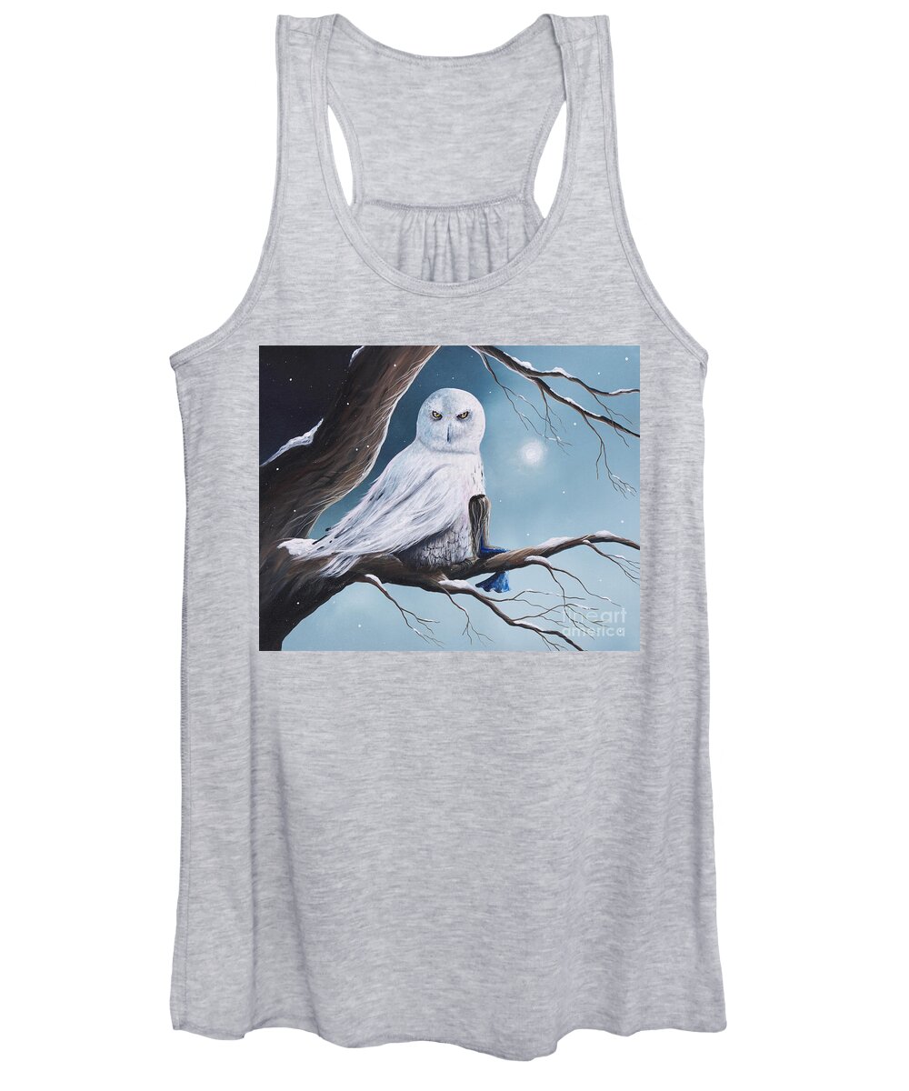 Owl Women's Tank Top featuring the painting White Snow Owl Painting by Moonlight Art Parlour