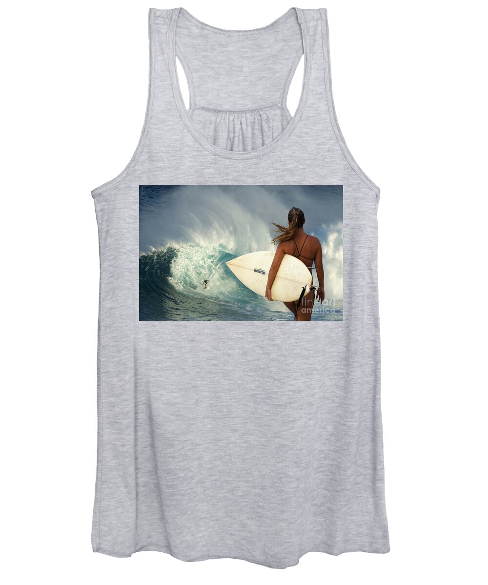 Surfer Women's Tank Top featuring the photograph Surfer Girl Meets Jaws by Bob Christopher