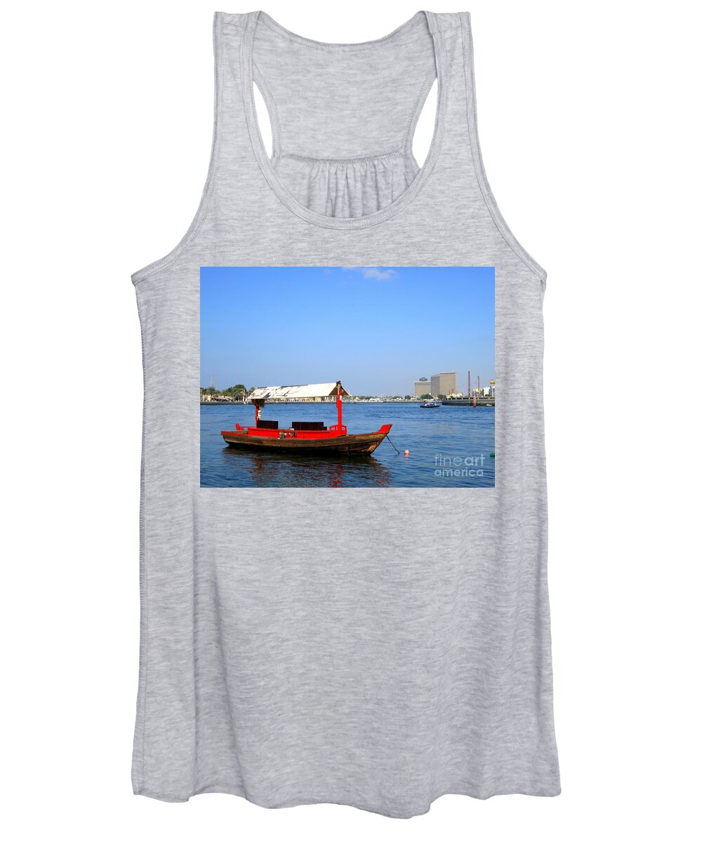 Background Women's Tank Top featuring the photograph Boat on the River by Amanda Mohler