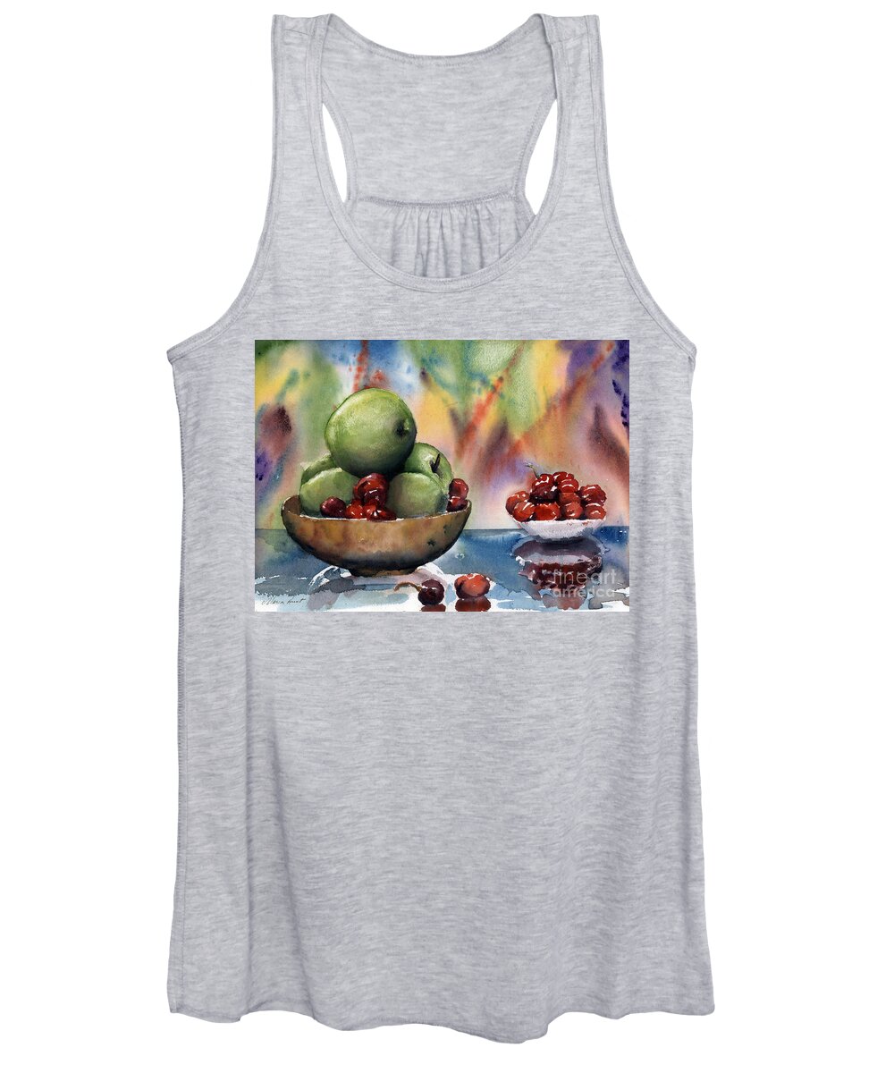Apples And Cherries Women's Tank Top featuring the painting Apples in a Wooden Bowl With Cherries on the Side by Maria Hunt