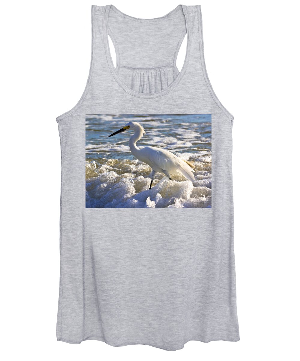 Beach Women's Tank Top featuring the photograph Bubbles Around Snowy Egret by Ed Gleichman