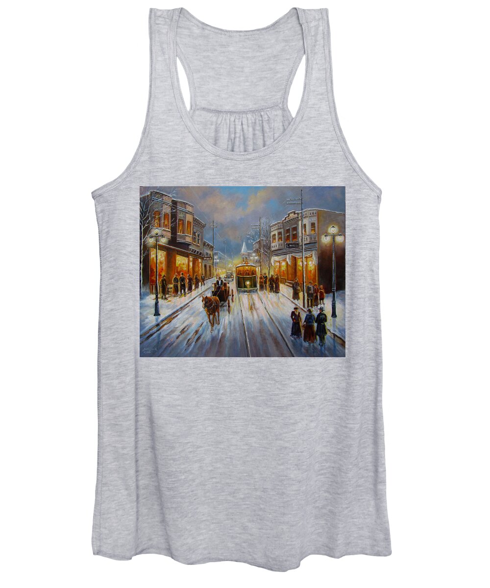 Oil Painting Women's Tank Top featuring the painting Christmas atmosphere in a Small town America in 1900 by Regina Femrite