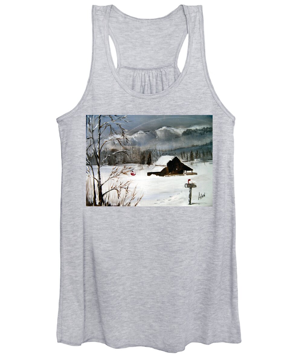 Christmas Women's Tank Top featuring the painting Christmas Farm House by Arlen Avernian - Thorensen