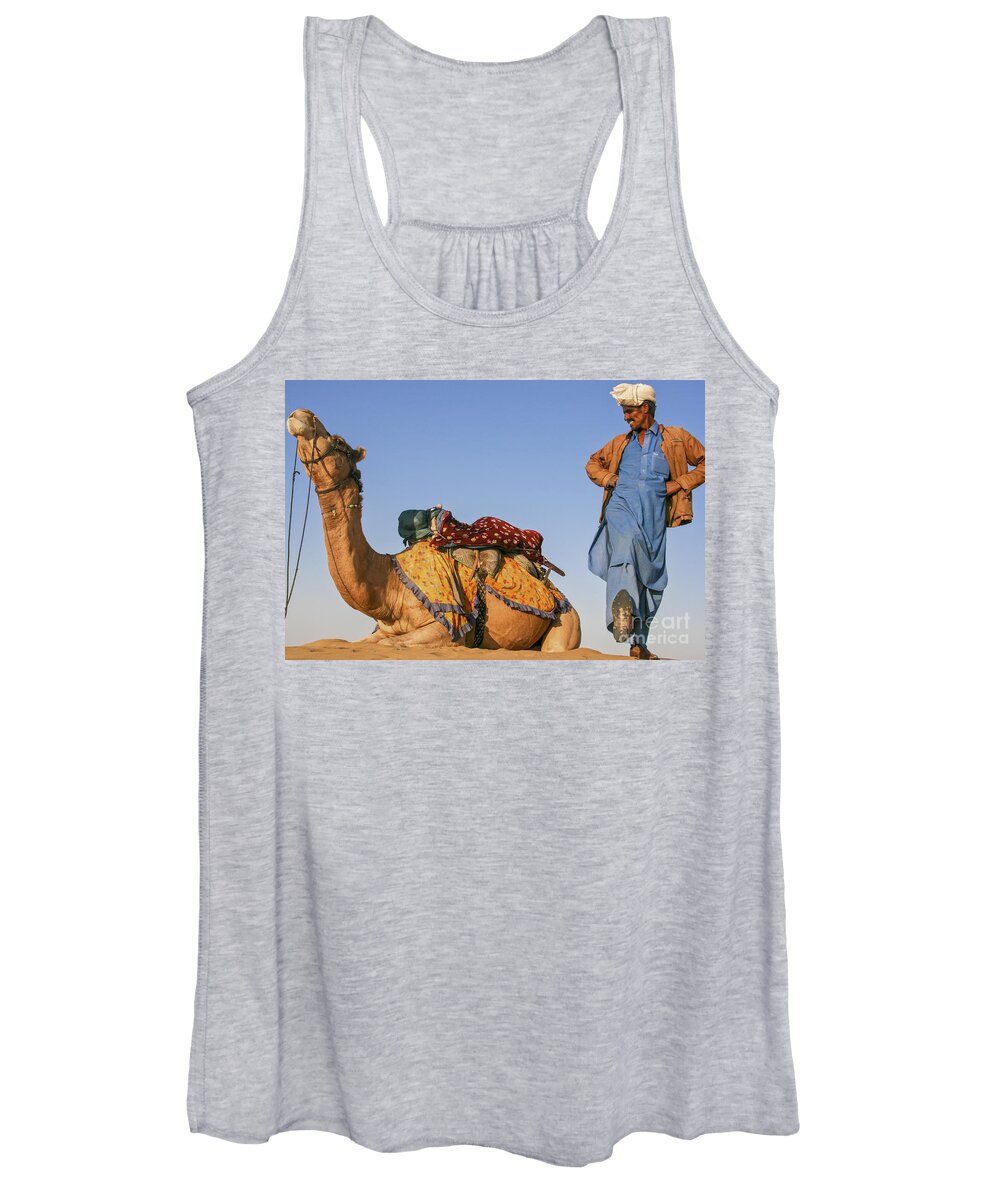 Adventure Women's Tank Top featuring the photograph Desert Dance Of The Dromedary and The Camel Driver by Jo Ann Tomaselli