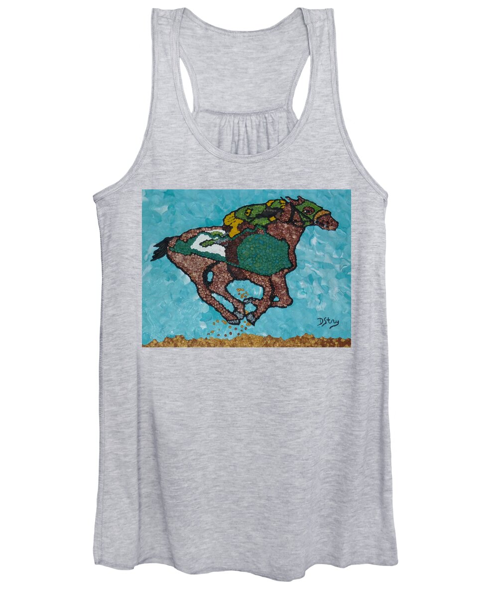 Horse Women's Tank Top featuring the mixed media Down the Stretch by Deborah Stanley