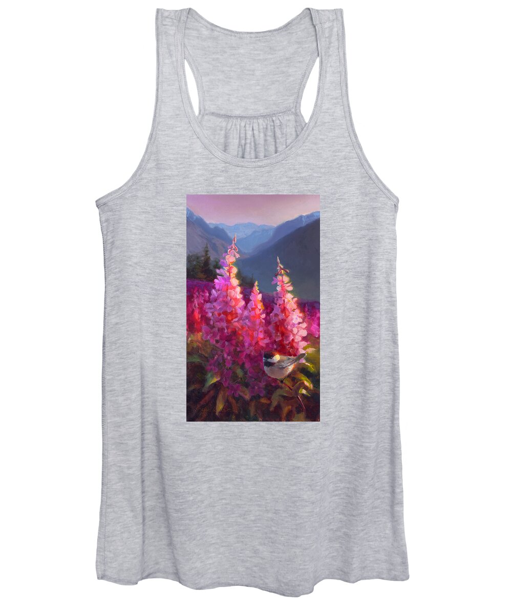 Alaska Art Women's Tank Top featuring the painting Eagle River Summer Chickadee and Fireweed Alaskan Landscape by K Whitworth