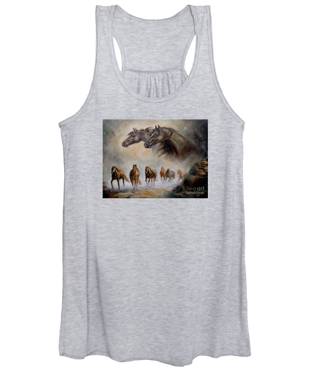 Horse Portrait With Running Horses Women's Tank Top featuring the painting Equestrian horse painting Distand Thunder by Regina Femrite
