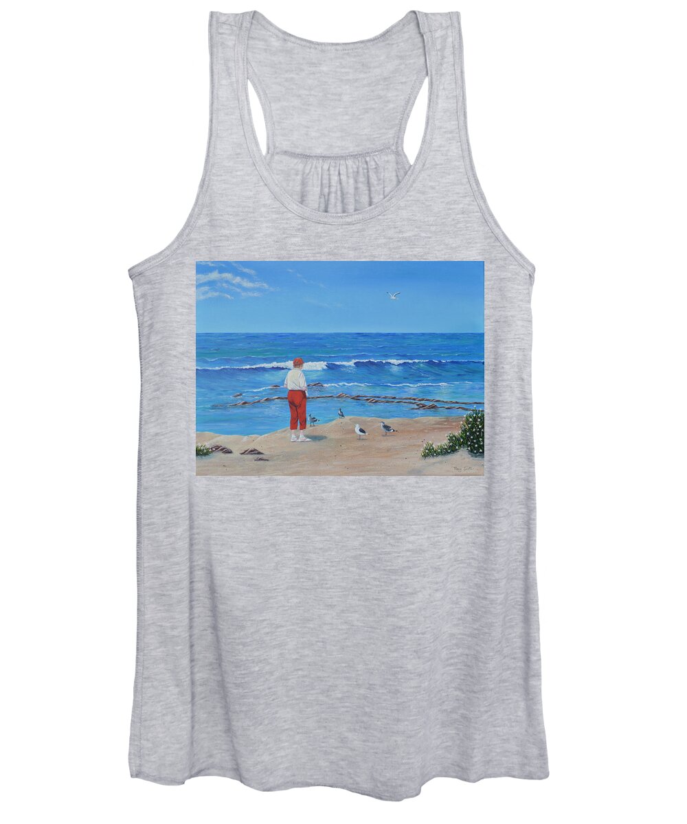 Seaguls Women's Tank Top featuring the painting Feeding the Birds by Mary Scott