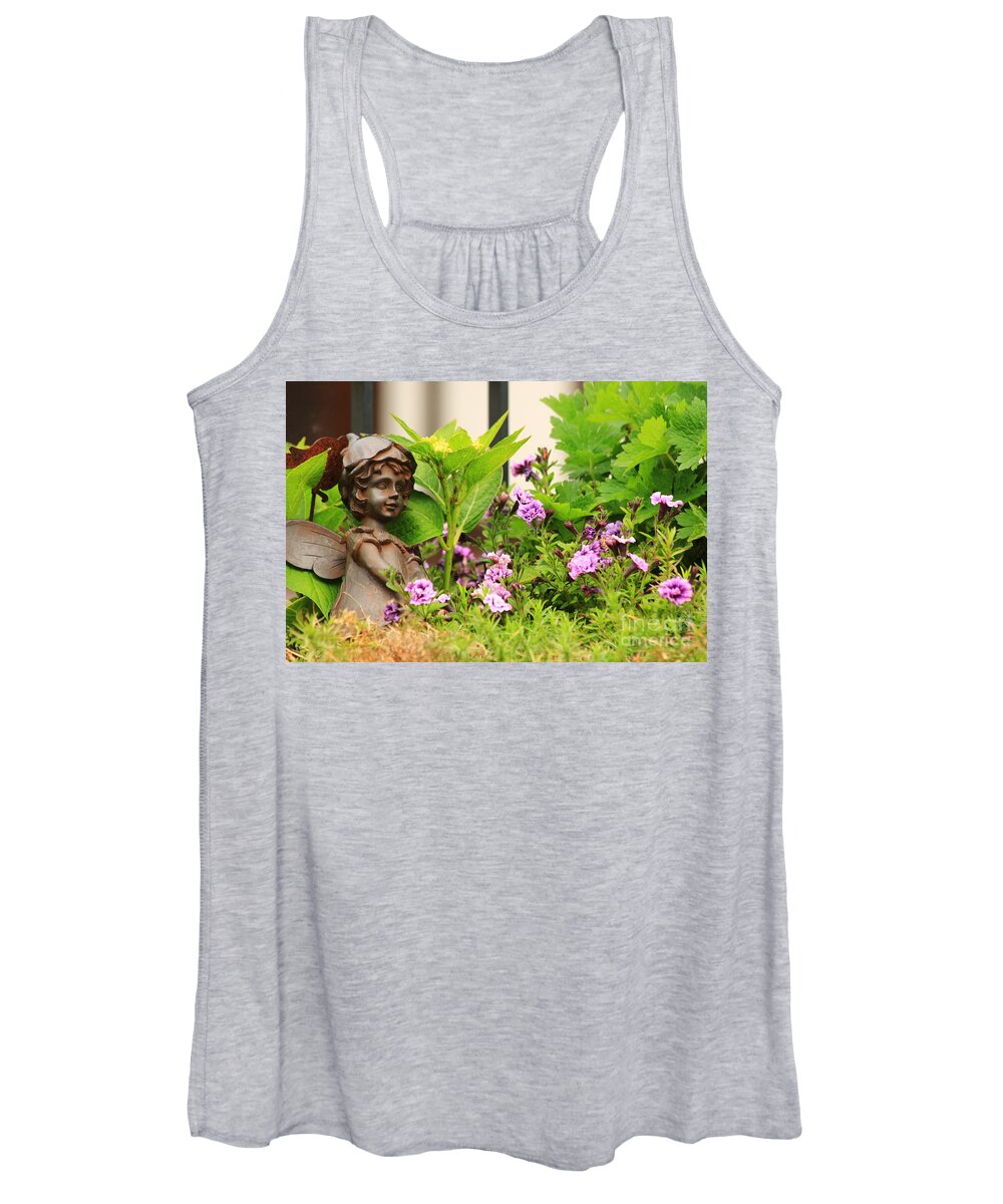Angel Women's Tank Top featuring the photograph Flower-bed mit an angel statue by Amanda Mohler