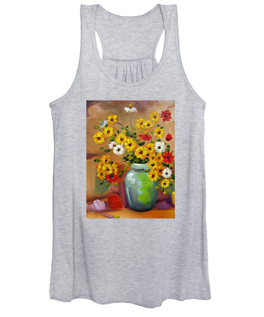 Flowers Art Still Life Oil Painting Print Canvas Women's Tank Top featuring the painting Flowers - Still life by Daliana Pacuraru