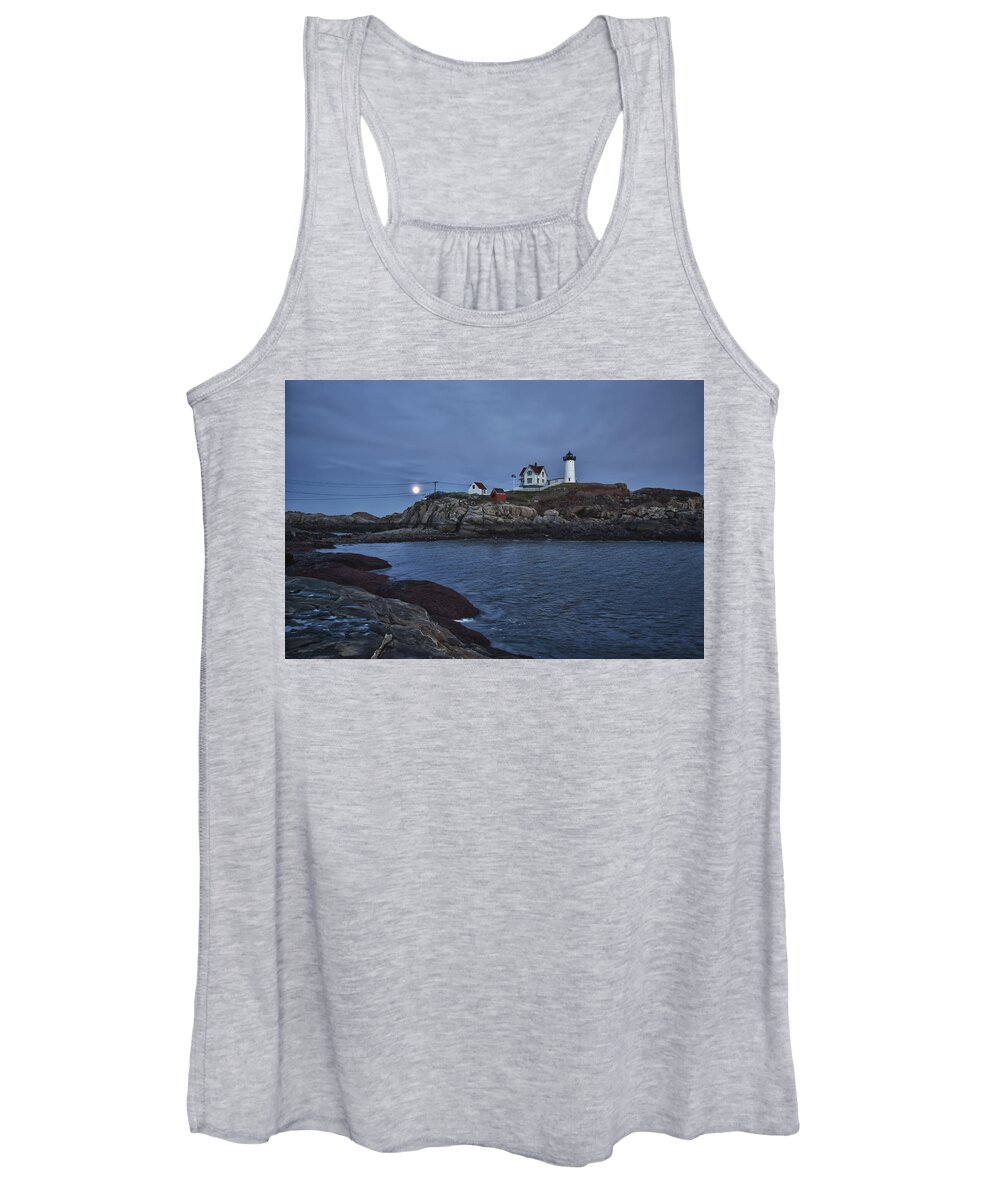 Maine Lighthouse Women's Tank Top featuring the photograph Full Moon Rise Over Nubble by Jeff Folger