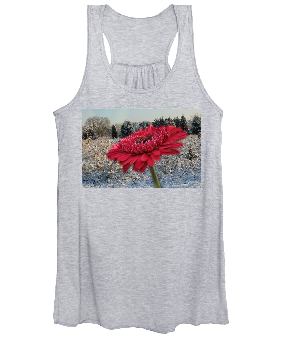 Snow Women's Tank Top featuring the photograph Gerbera Daisy In The Snow by Trish Tritz