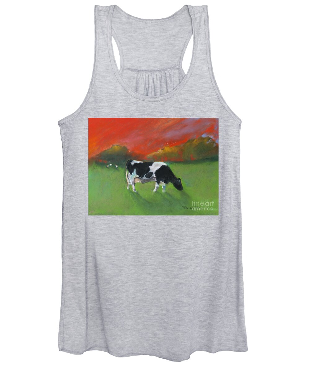 Cow Grazing In A Field With A Red Sky Women's Tank Top featuring the pastel Grazing Cow by Robin Pedrero