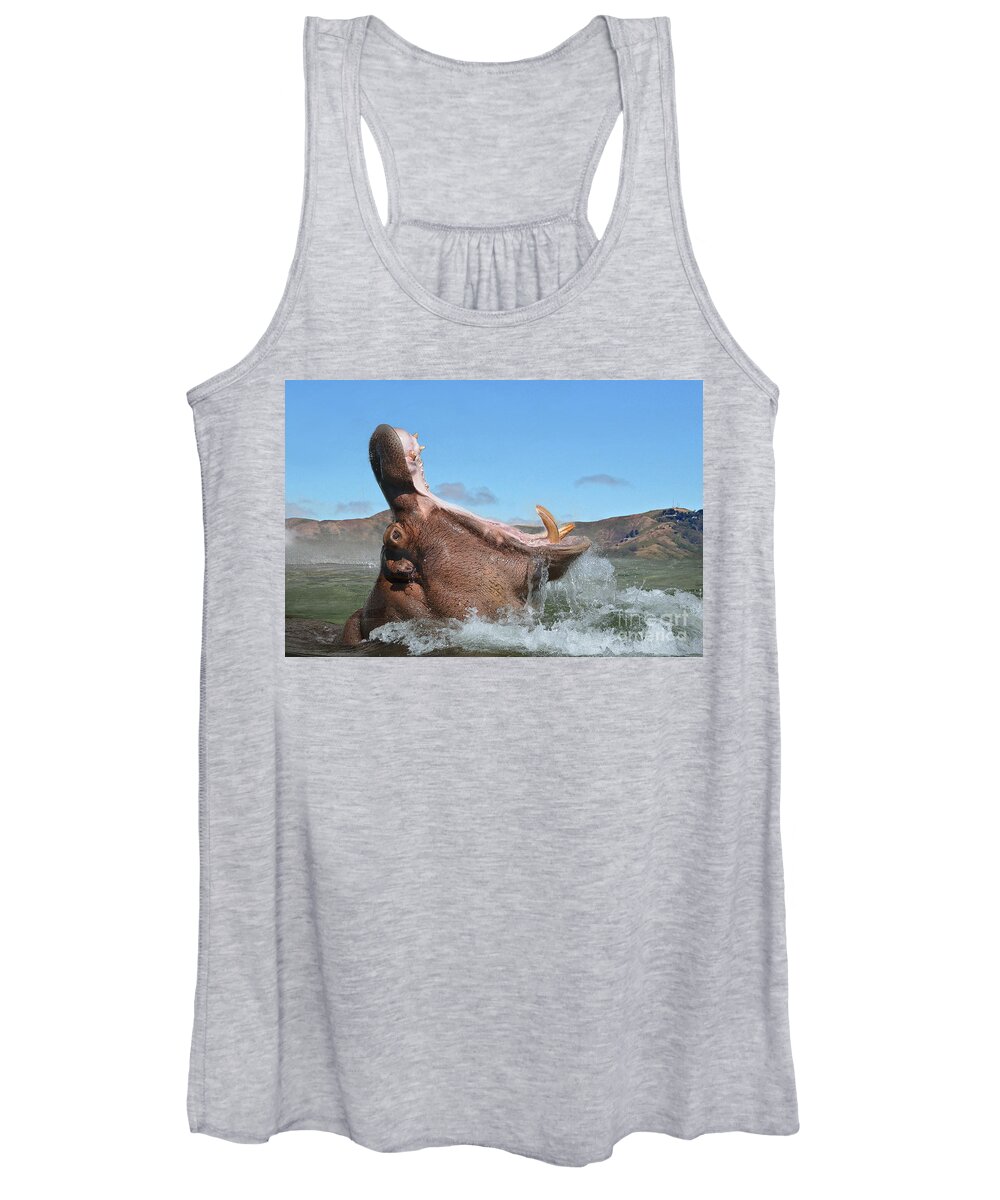 Hippo Women's Tank Top featuring the photograph Hippopotamus Bursting out of the Water by Jim Fitzpatrick