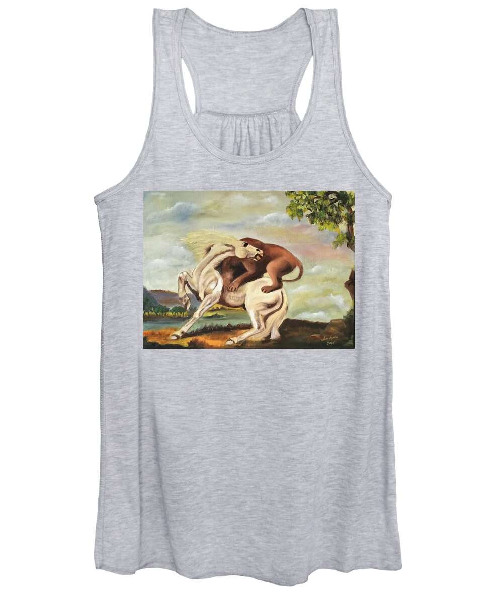 Art Women's Tank Top featuring the painting Horse Attacked By A Lion by Ryszard Ludynia
