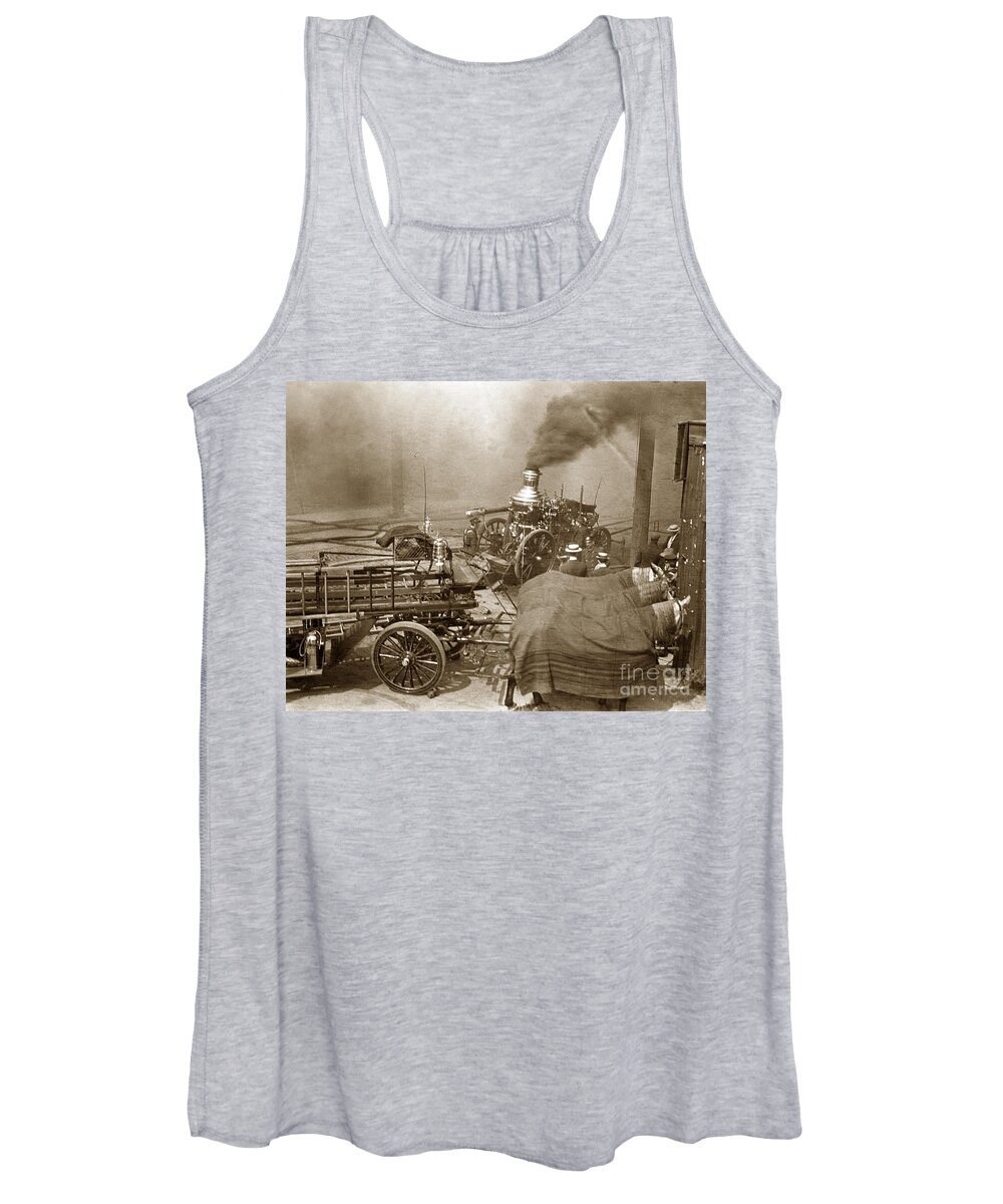 Fire Truck Women's Tank Top featuring the photograph Horse Drawn Water Steam Pumper Fire truck circa 1906 by Monterey County Historical Society