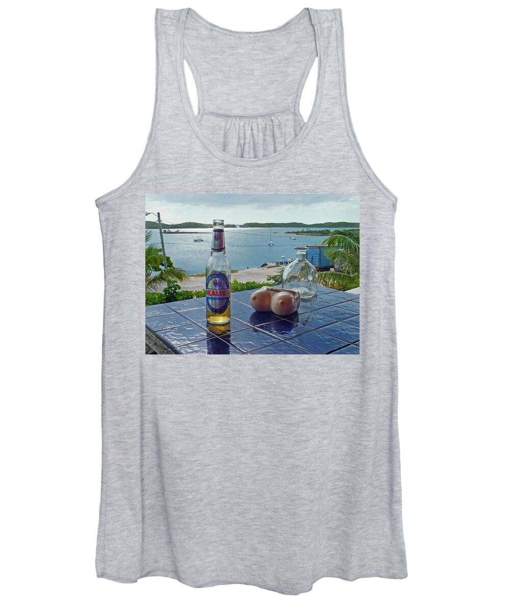 Duane Mccullough Women's Tank Top featuring the photograph Kalik Beer Bottle at the Front Porch by Duane McCullough