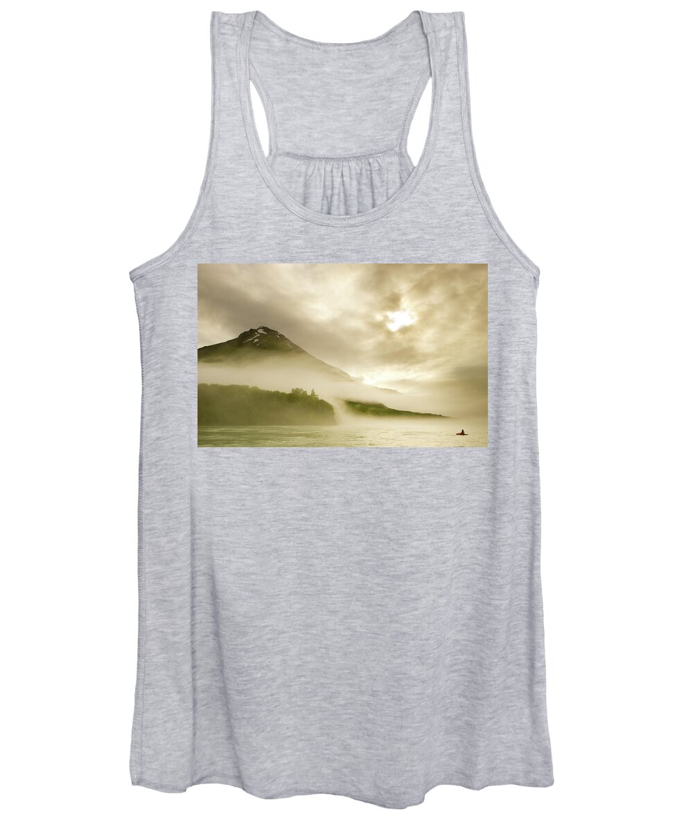Exploration Women's Tank Top featuring the photograph Kayaker And Marine Fog On The Alsek by Josh Miller Photography