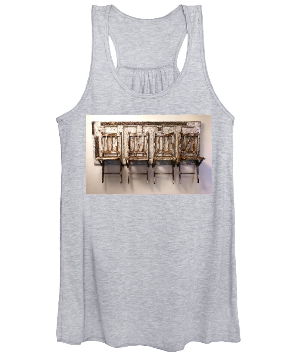 Old Chairs Women's Tank Top featuring the sculpture Long Wait by the Door by Christopher Schranck