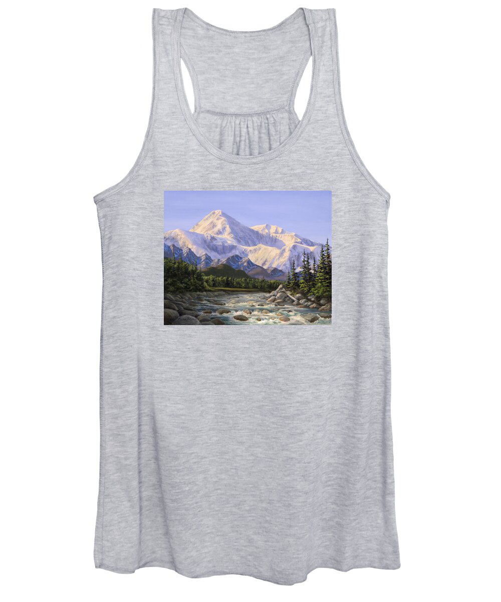 Alaska Landscape Women's Tank Top featuring the painting Majestic Denali Mountain Landscape - Alaska Painting - Mountains and River - Wilderness Decor by K Whitworth