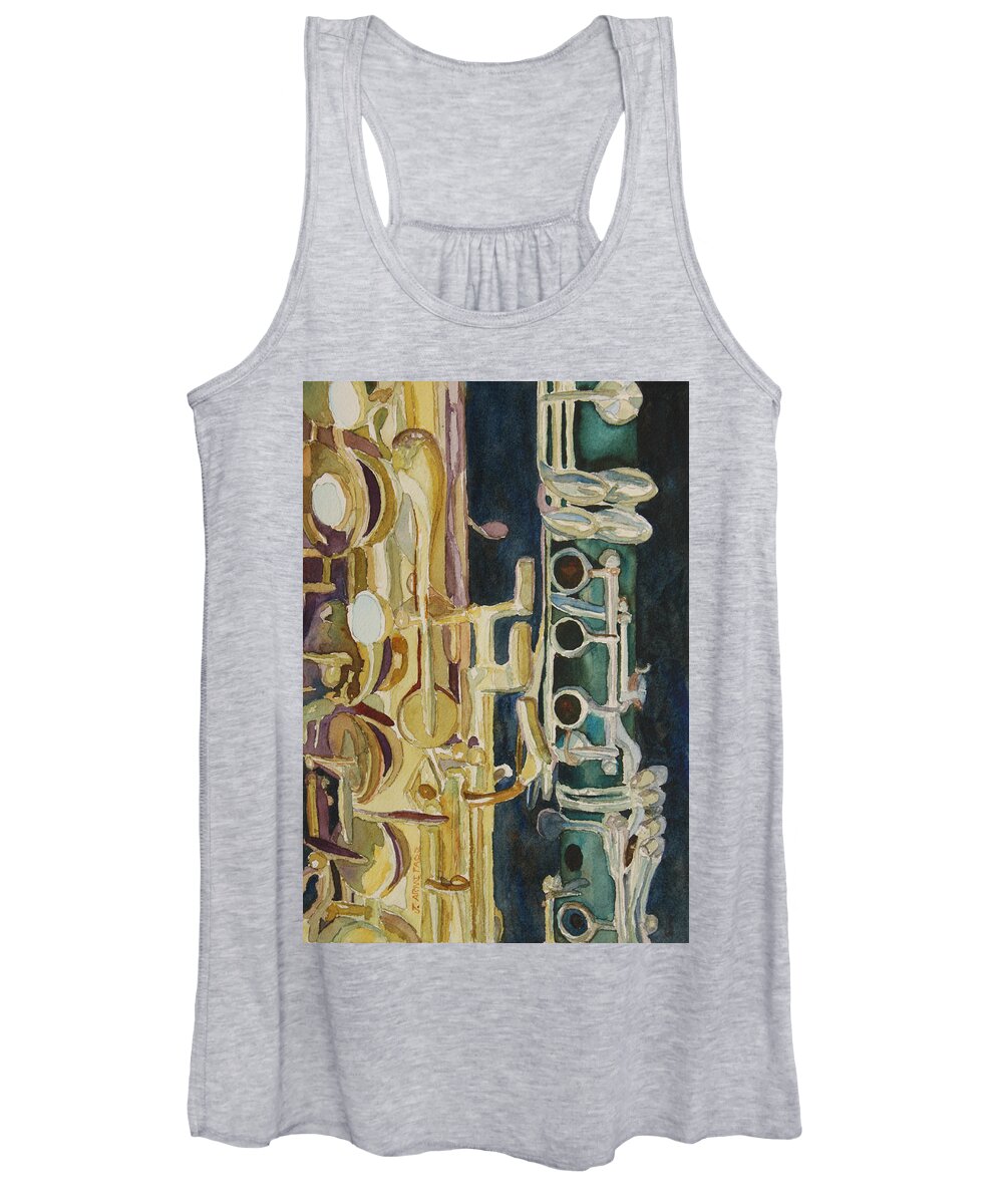 Saxophone Women's Tank Top featuring the painting Midnight Duet by Jenny Armitage