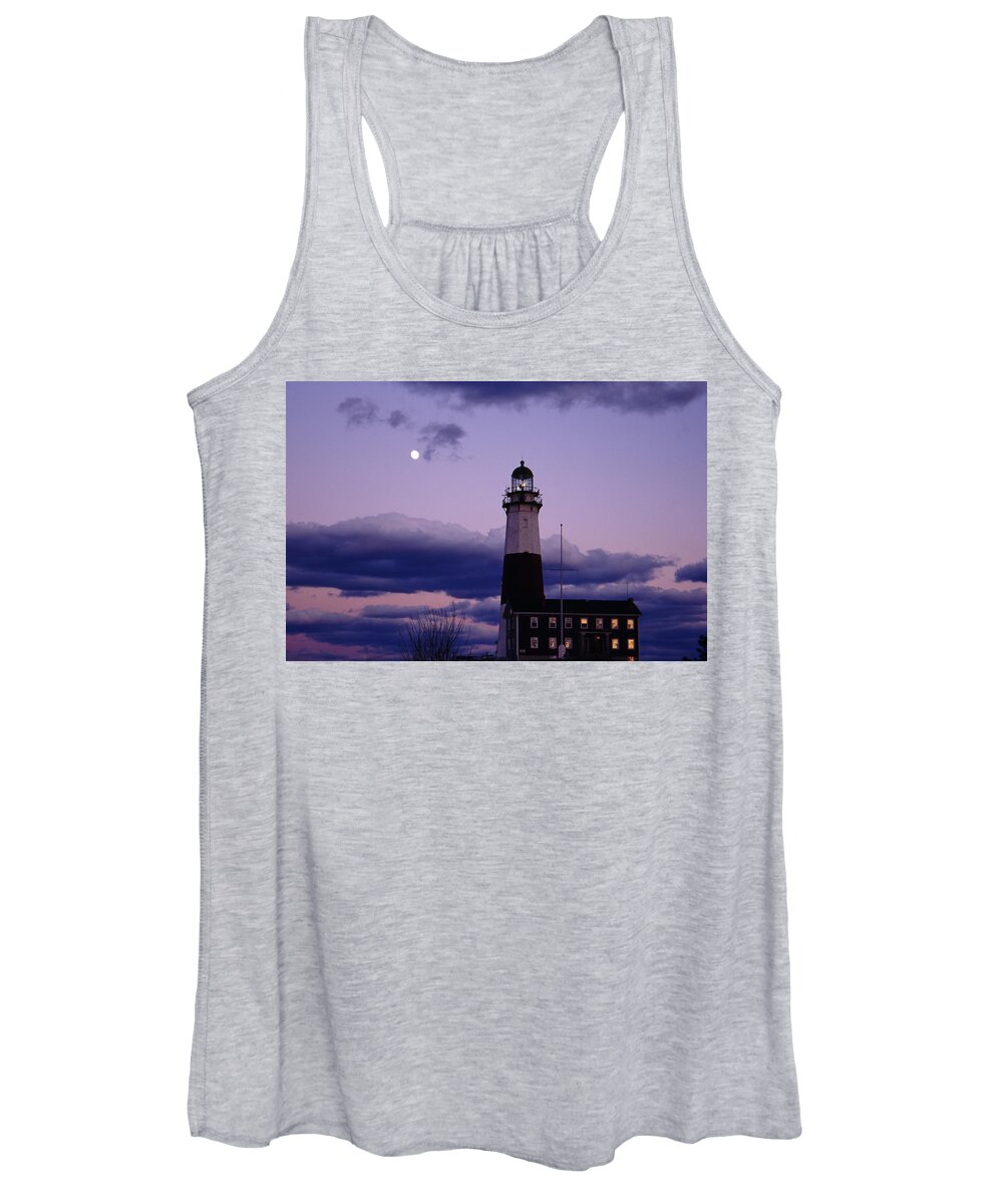Montauk Women's Tank Top featuring the photograph Montauk Lighthouse with Moon by Bradford Martin