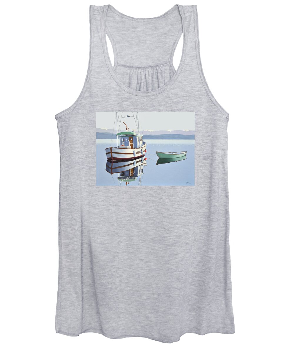 Fishing Boat Women's Tank Top featuring the painting Morning calm-fishing boat with skiff by Gary Giacomelli