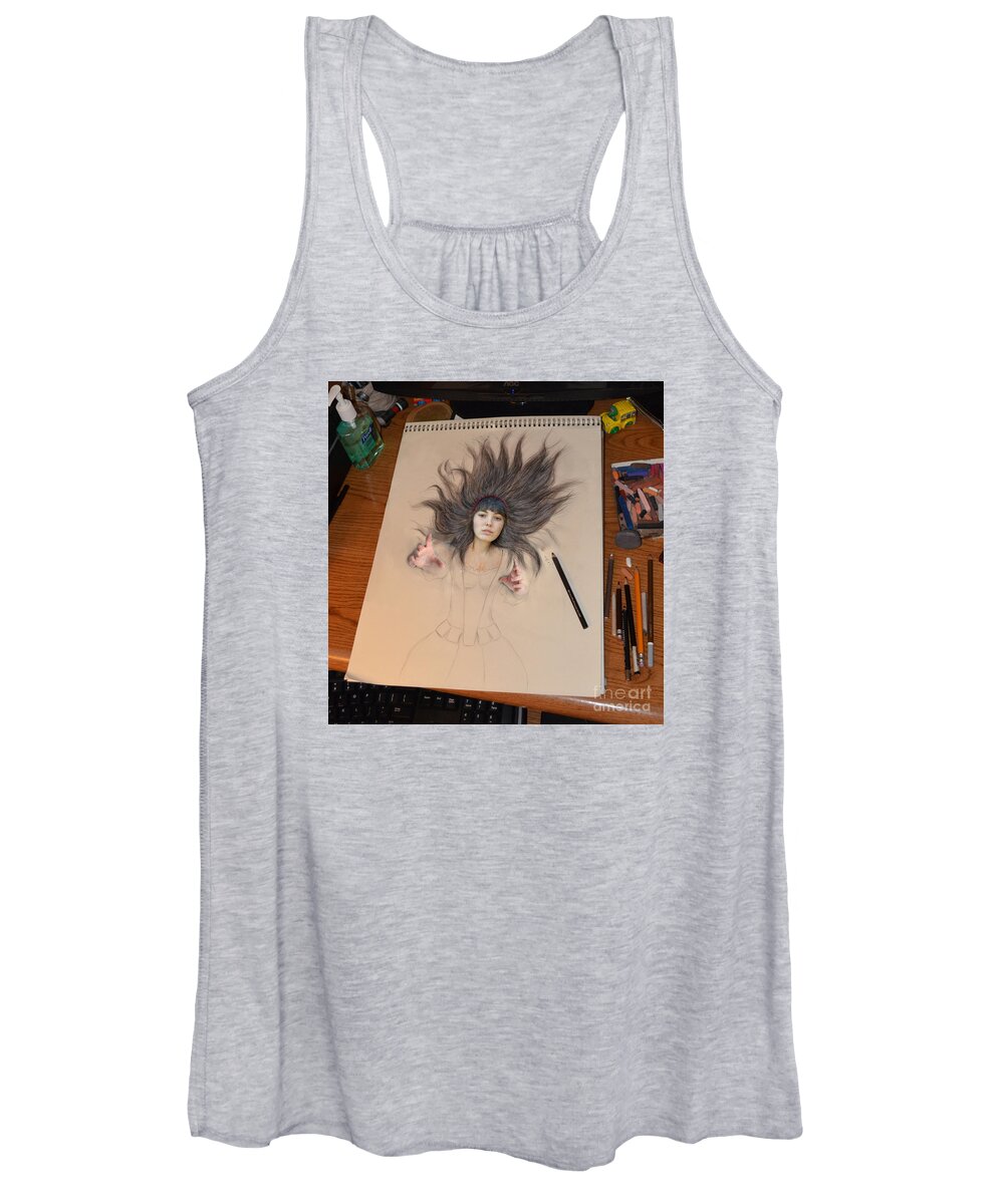 Brown Haired Women's Tank Top featuring the digital art My Drawing of a Beauty Coming Alive by Jim Fitzpatrick