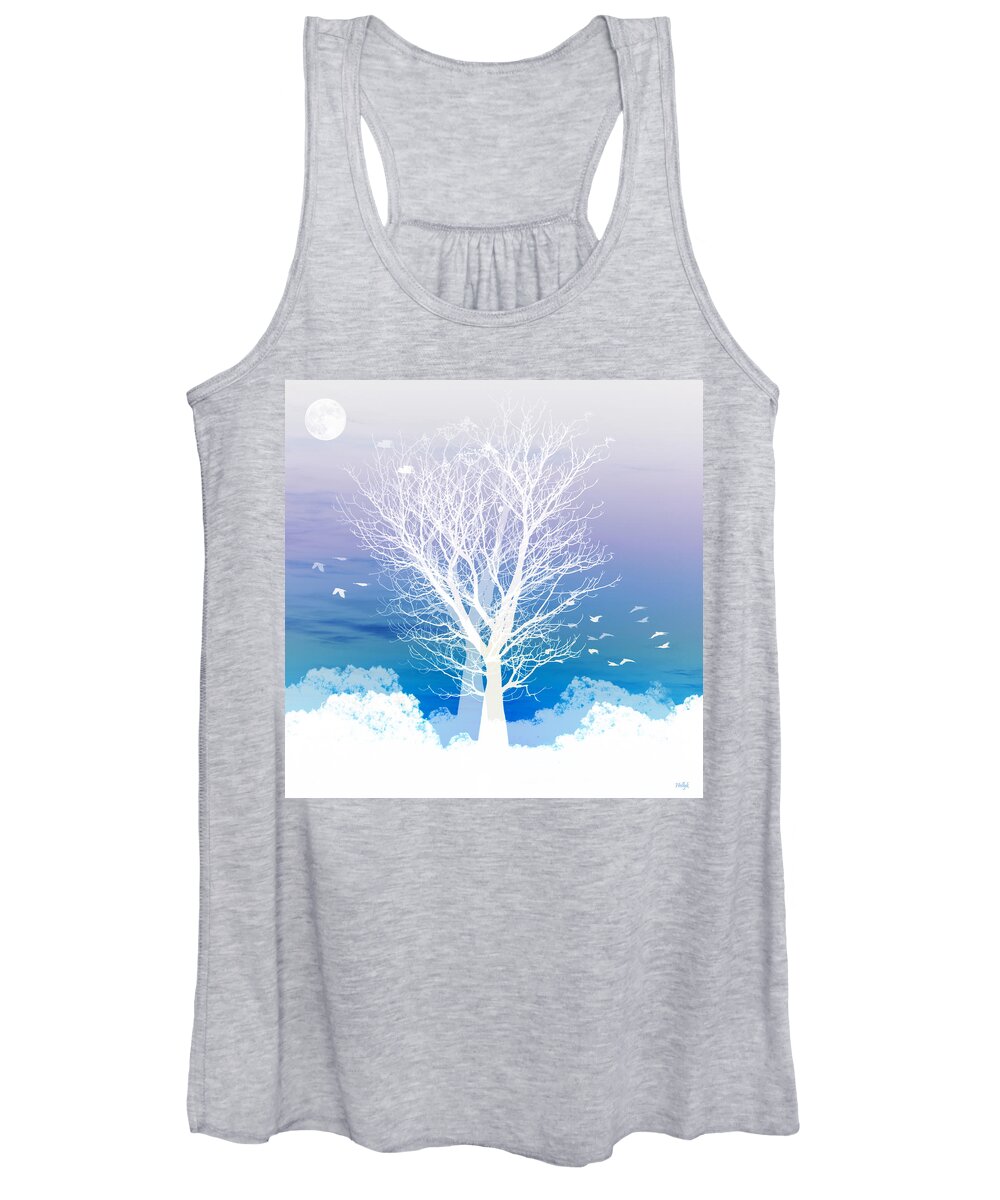 Tree Blue Moon Purple Birds Flying Square Boab Negative Abstract Landscapes Fantasy Women's Tank Top featuring the photograph Once upon a moon lit night... by Holly Kempe