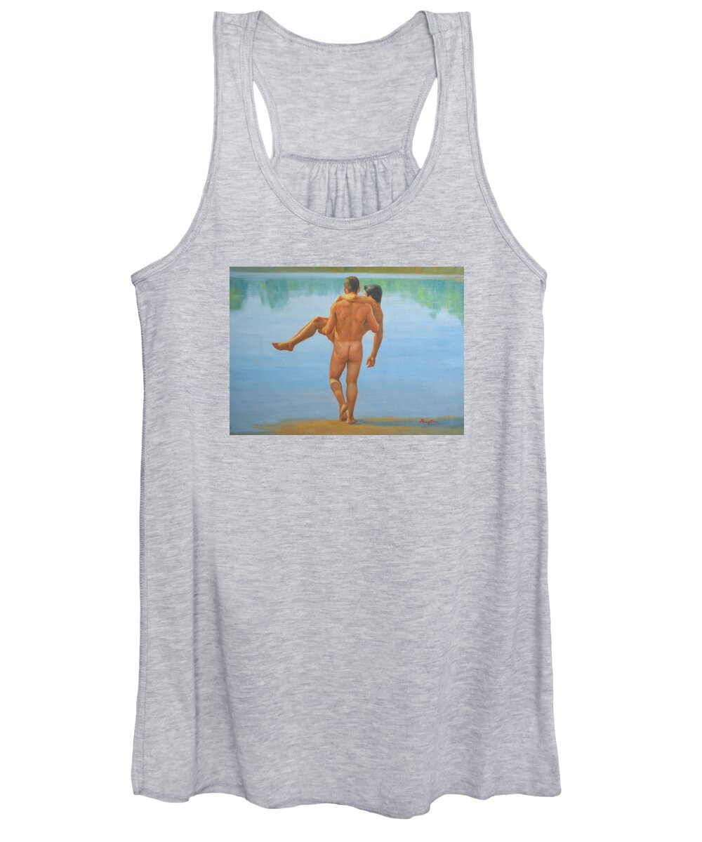 Original. Oil Painting. Art Women's Tank Top featuring the painting Original Oil Painting Man Body Art -male Nude By The Pool -073 by Hongtao Huang
