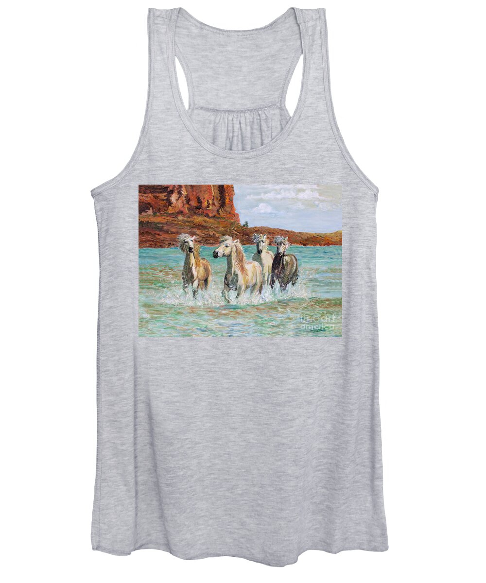 Horses Women's Tank Top featuring the painting Palominos All by Sarabjit Singh