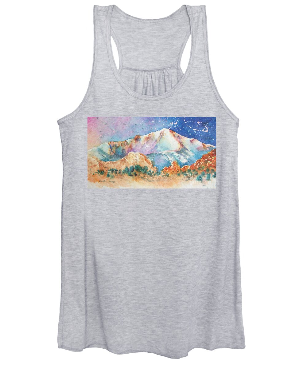Pikes Peak Women's Tank Top featuring the painting Pikes Peak Over the Garden of the Gods by Carol Losinski Naylor