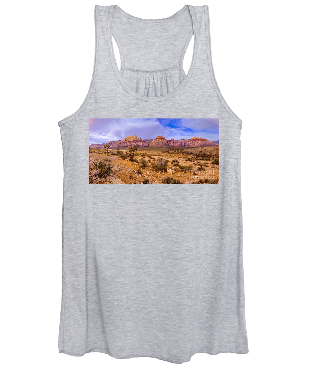 Red Rock Women's Tank Top featuring the photograph Rainbow Wilderness Panorama at Red Rock Canyon before Sunrise - Las Vegas Nevada by Silvio Ligutti