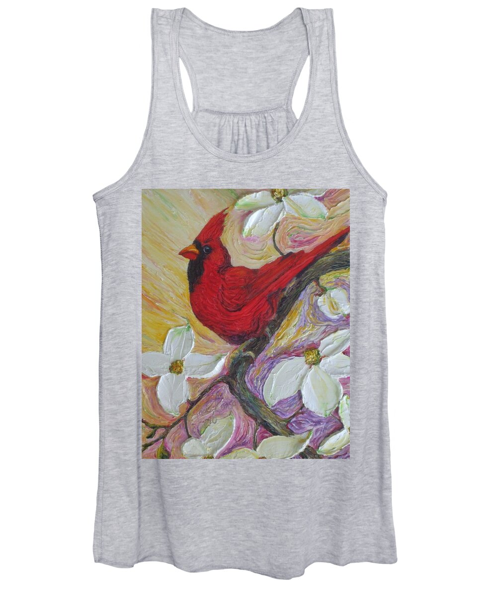 Dogwood Women's Tank Top featuring the painting Red Cardinal and White Dogwood Flowers by Paris Wyatt Llanso