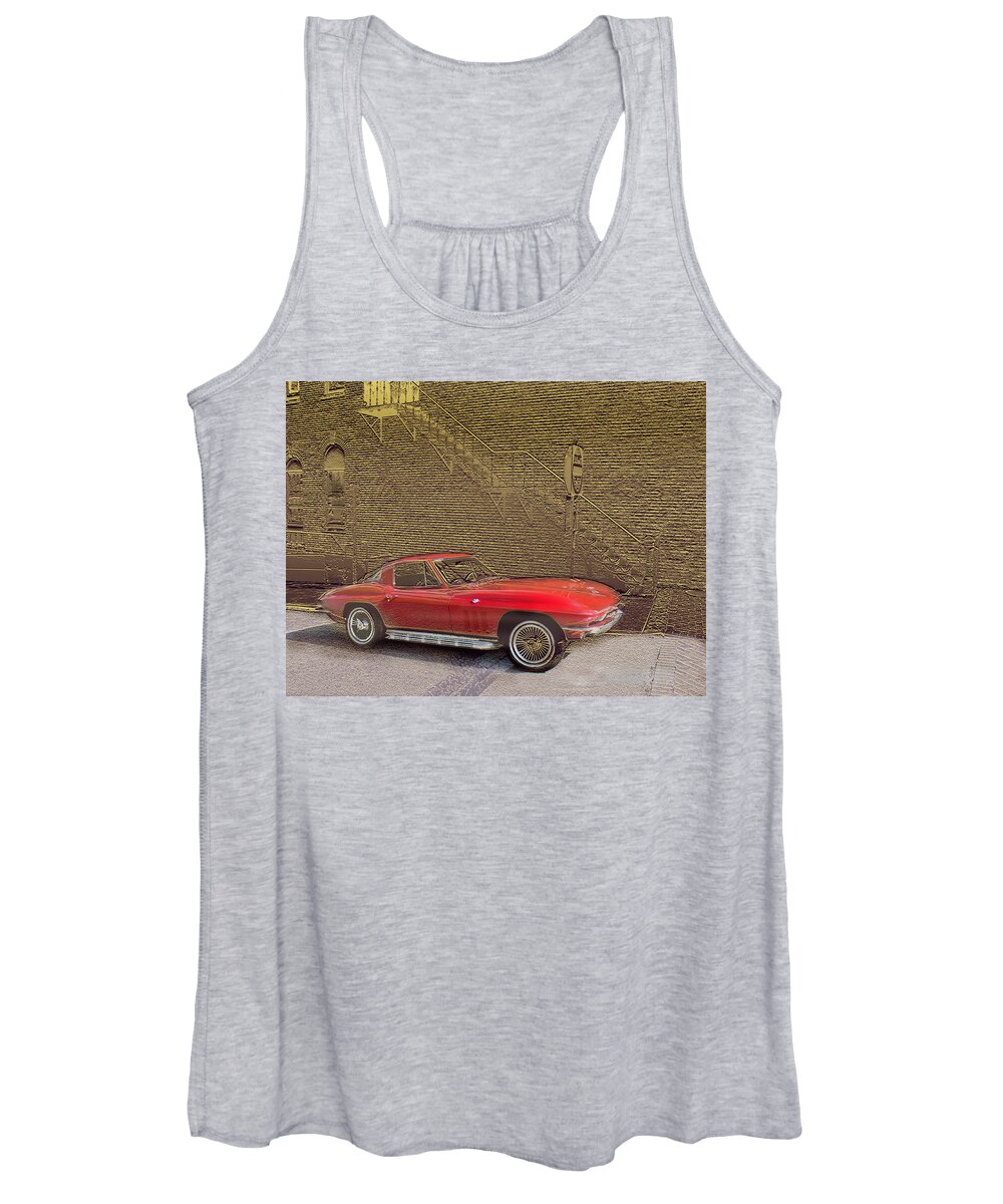 Cars Women's Tank Top featuring the mixed media Red Corvette by Steve Karol