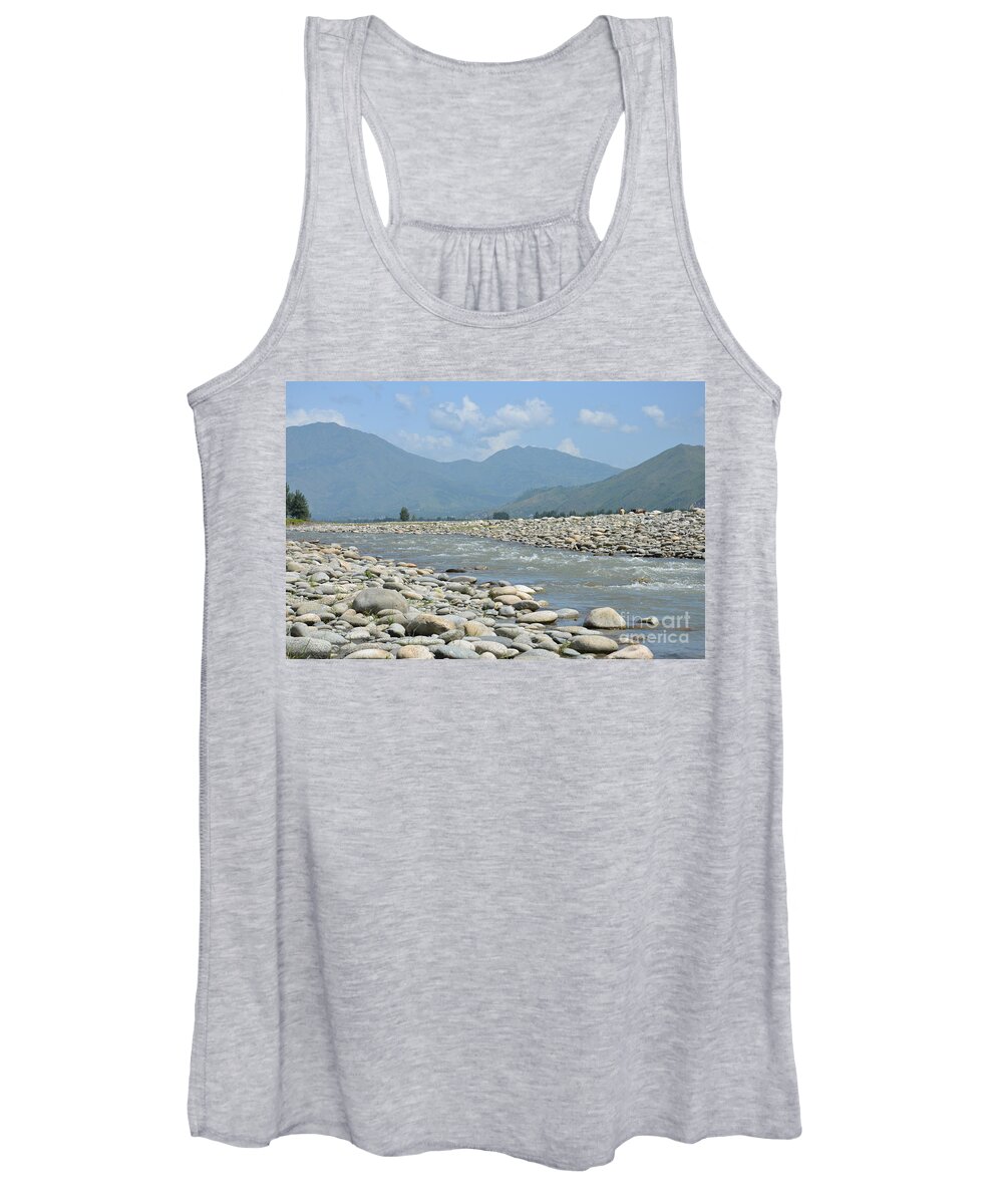 Landscape Women's Tank Top featuring the photograph Riverbank water rocks mountains and a horseman Swat Valley Pakistan by Imran Ahmed