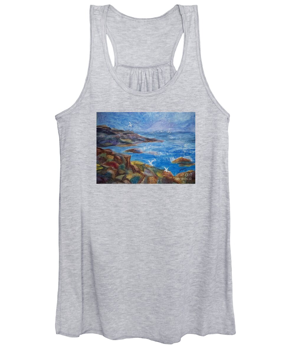 Maine Coast Women's Tank Top featuring the painting Rocky Shores of Maine by Ellen Levinson