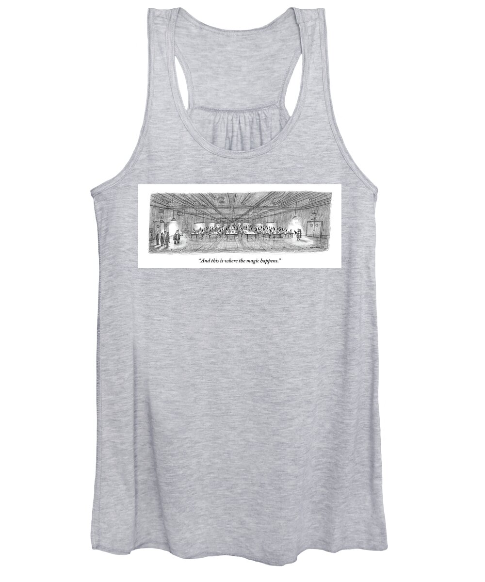 Magic Women's Tank Top featuring the drawing Santa Shows Visitors His Sweatshop-like Warehouse by Jason Patterson
