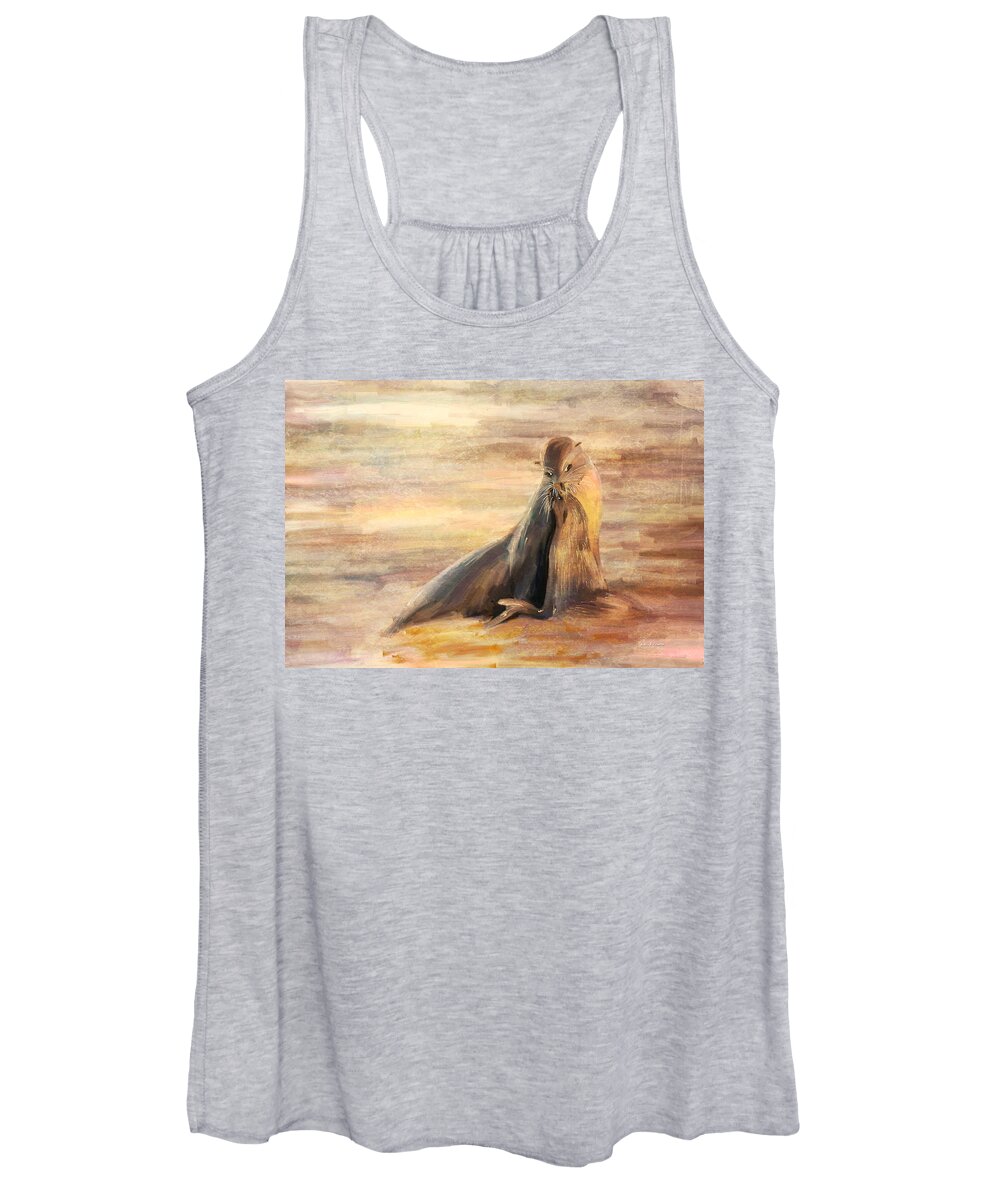 Sea Lion Women's Tank Top featuring the painting Sea Lion Mom and Pup Love on Galapagos Island by Angela Stanton