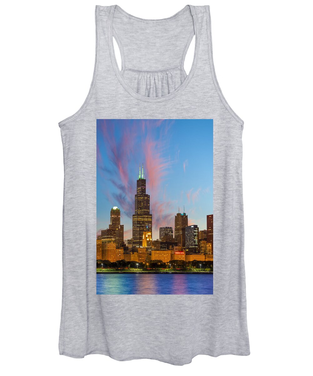 Chicago Skyline Women's Tank Top featuring the photograph Sears Tower Sunset by Sebastian Musial