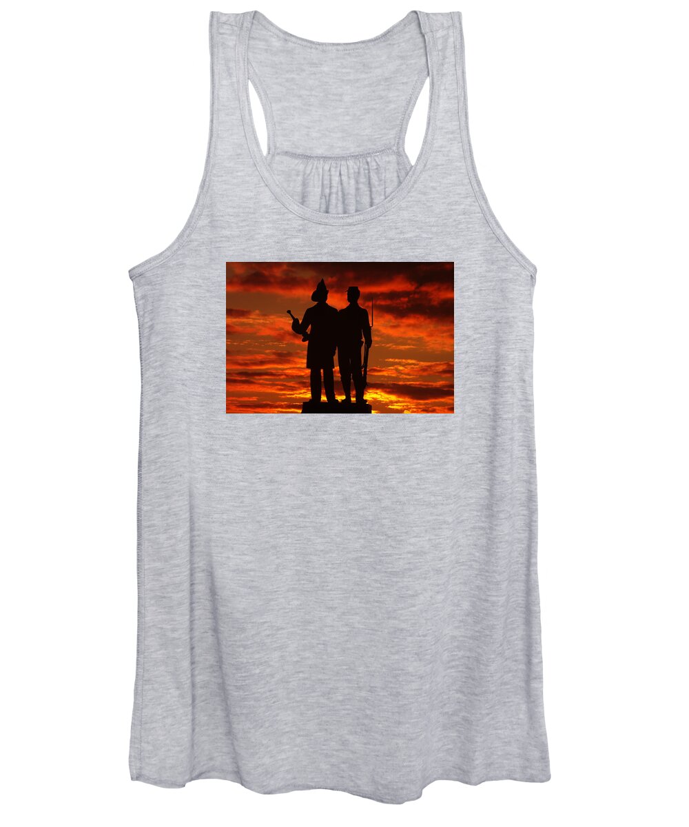Civil War Women's Tank Top featuring the photograph Sky Fire - 73rd NY Infantry Fourth Excelsior Second Fire Zouaves-A1 Sunrise Autumn Gettysburg by Michael Mazaika