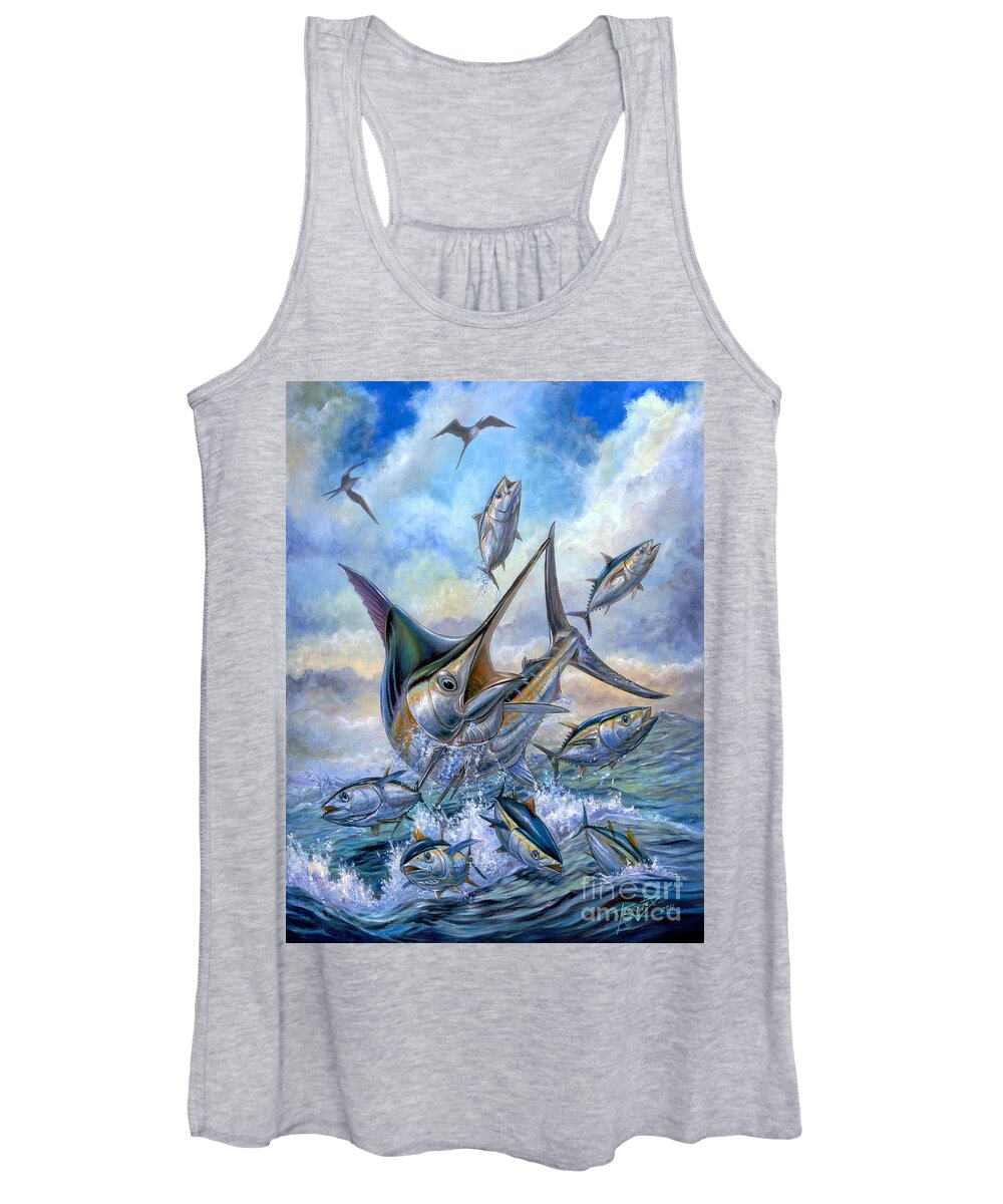 Blue Marlin Women's Tank Top featuring the painting Small Tuna And Blue Marlin Jumping by Terry Fox