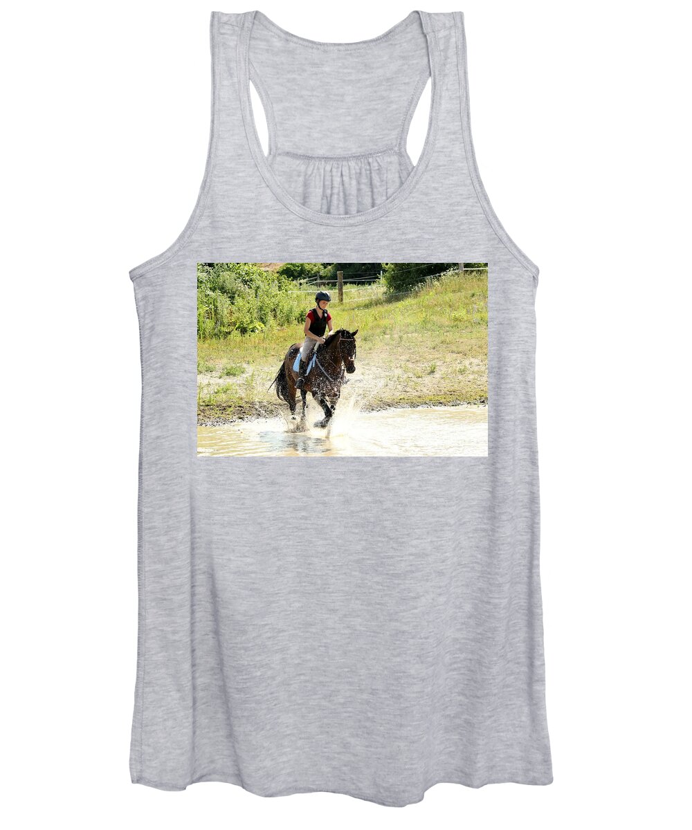 Horse Women's Tank Top featuring the photograph Splashing Thru Water Jump by Janice Byer