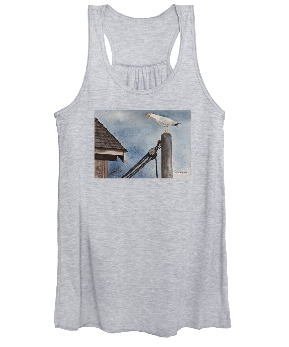 A Gull Perches Atop A Pole At An Inlet On The Coast Of Maine. Women's Tank Top featuring the painting Staking A Claim by Monte Toon